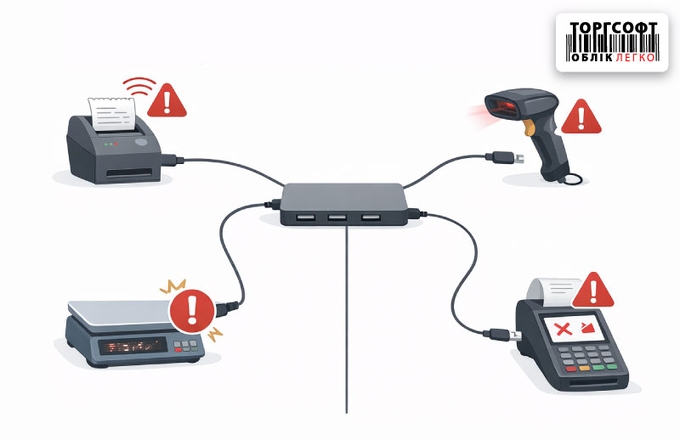 Нестабільна робота торгового обладнання через USB-хаби без живлення
