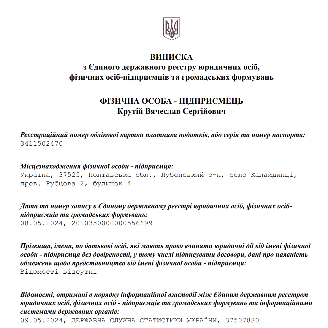 Persoană Fizică Autorizată Viaceslav Serghiovici Krutii