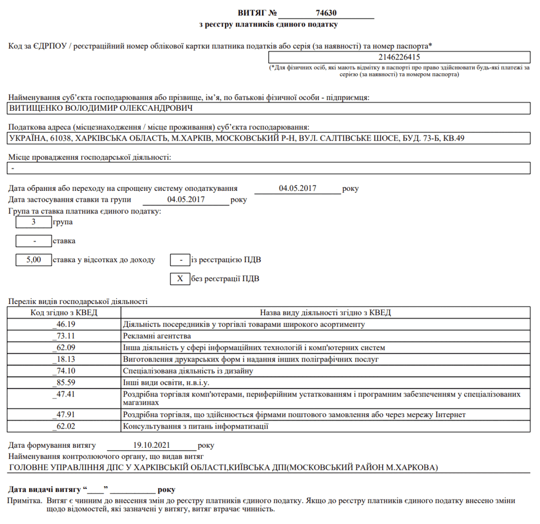Persoană Fizică Autorizată Volodimir Oleksandrovici Vitișcenko