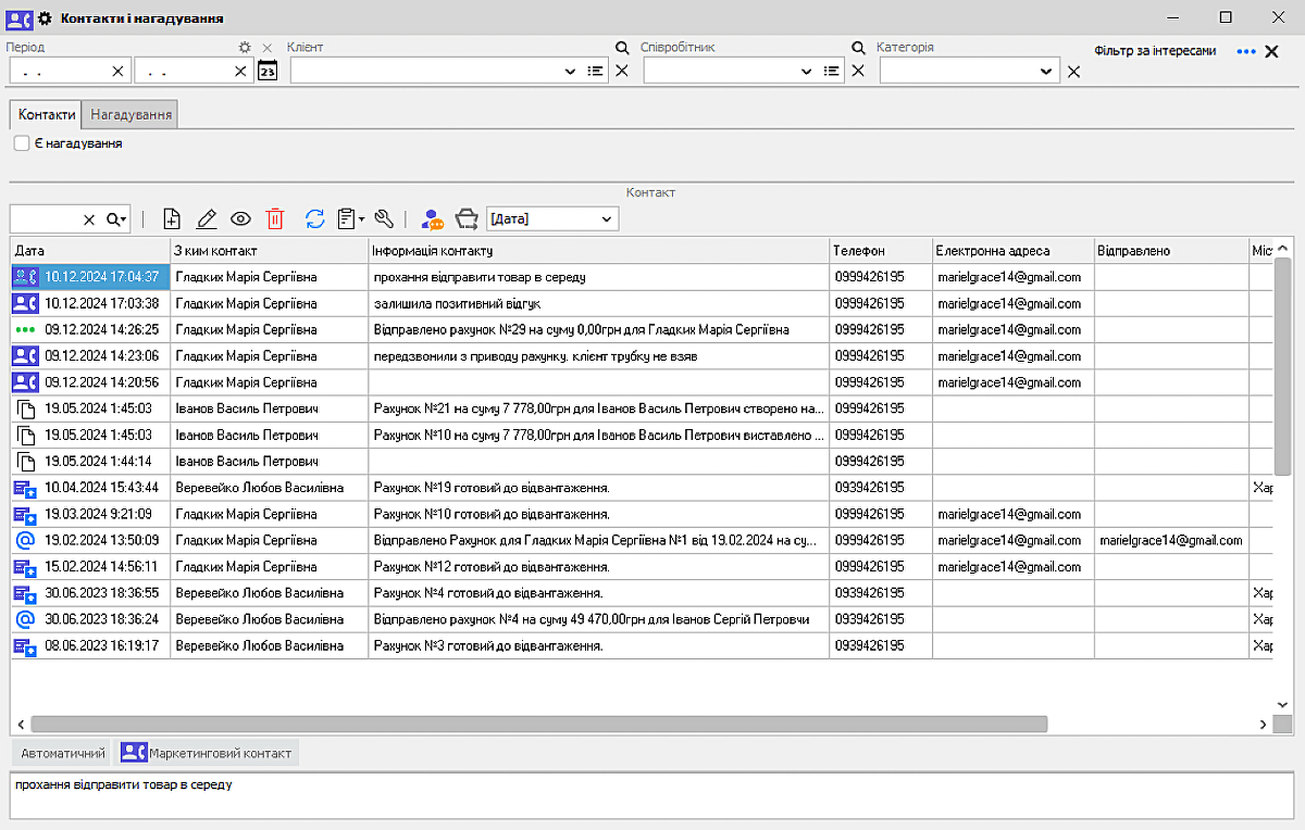 Contacts and reminders