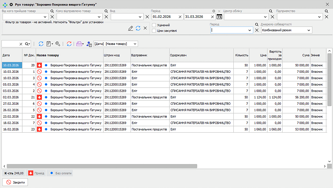 Torgsoft режимі: тауар қозғалысы