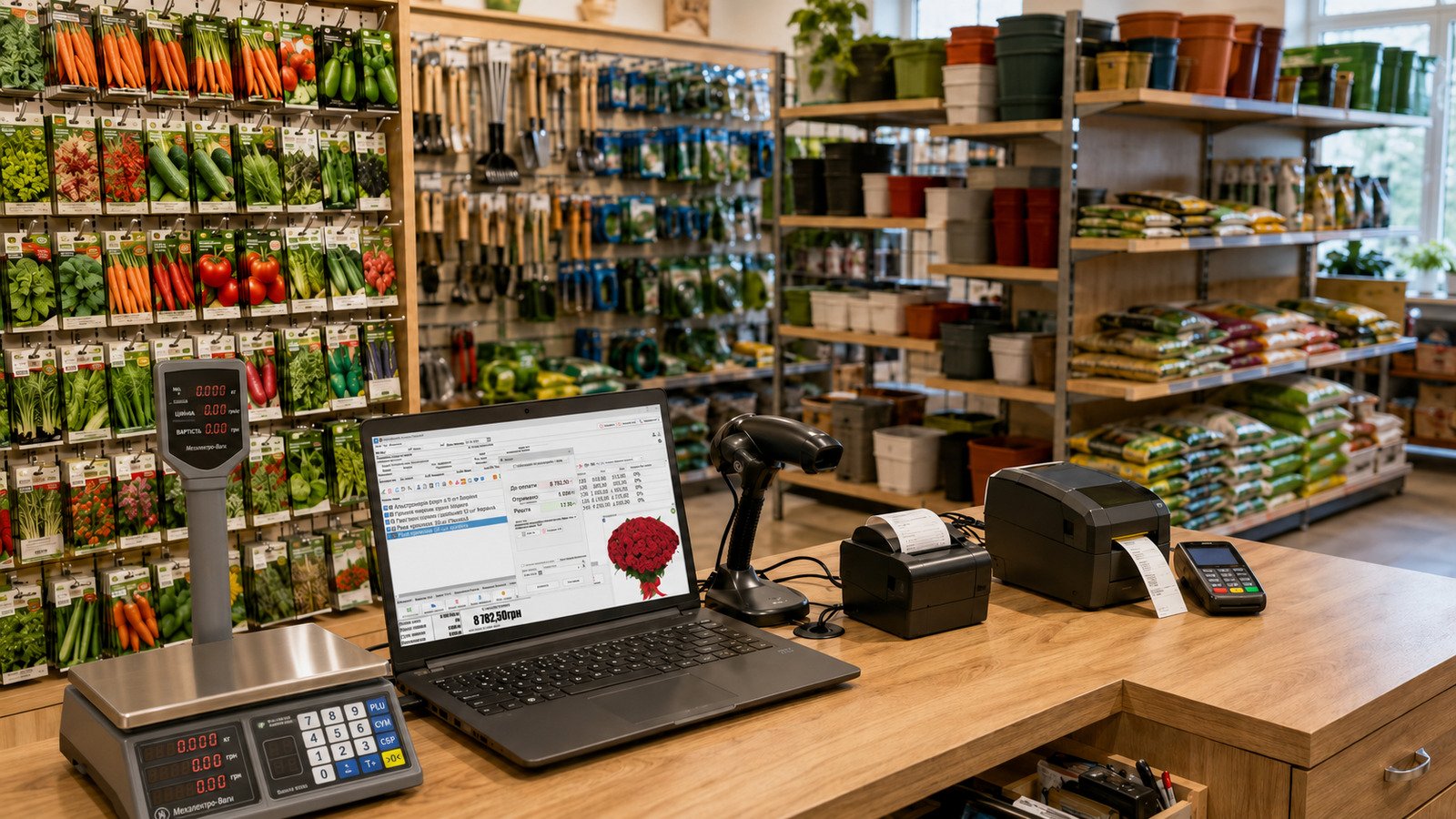 Checkout area of a seed and garden goods store with equipment for accounting and sales