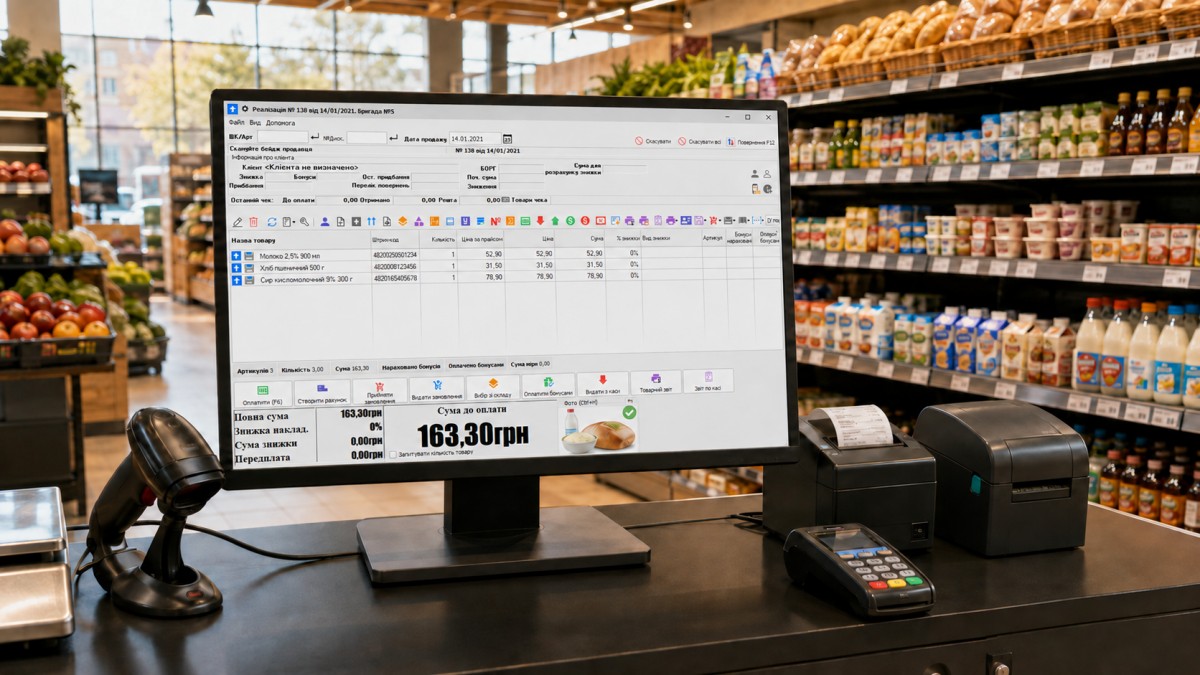 Checkout area of a modern grocery store with a Torgsoft sales screen, scanner, printers and bank terminal