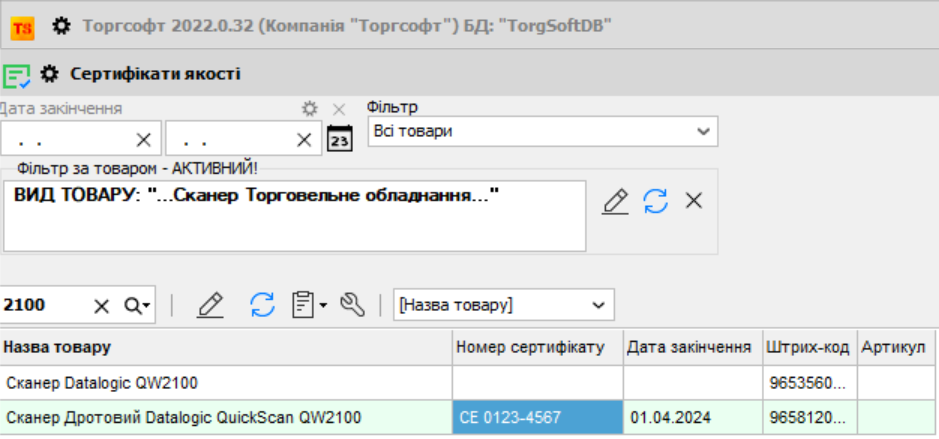 Lista certificatelor de calitate și filtrele din Торгсофт