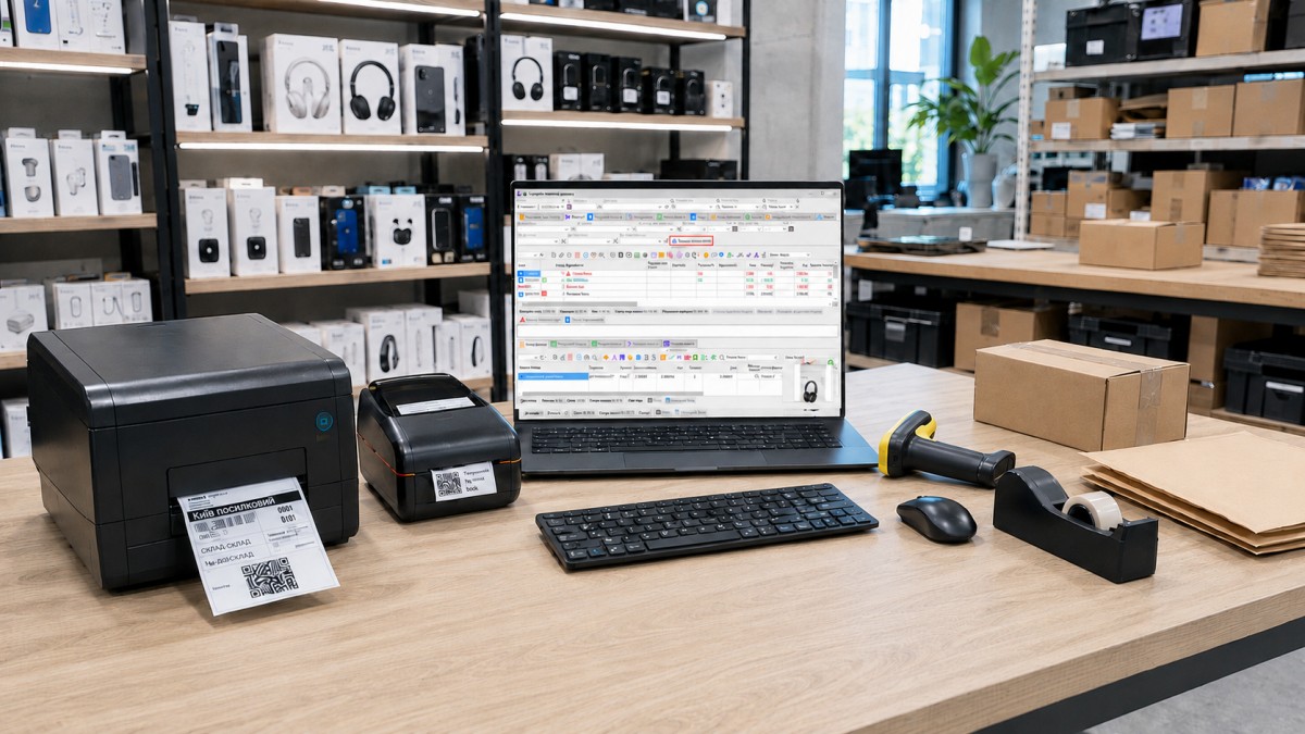 Online store workstation set in an office warehouse with home and garden products